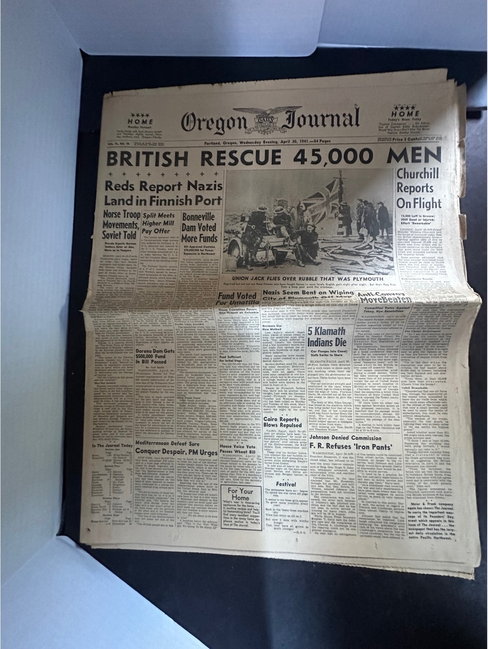 Antique 1941 Oregon Journal newspaper British rescue 45,000 men